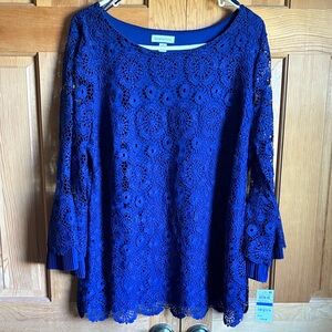 Charter Club Royal Blue Crochet Lace Bell Sleeve Top